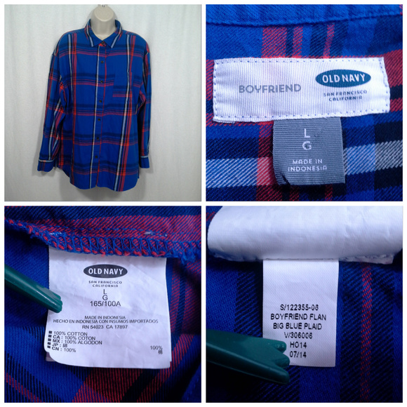 Old Navy Boyfriend shirt Size L Blue Red Plaid Cotton twill Front button - Picture 7 of 7